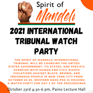clenched fist in the Power Salute to the left of the words "Spirit of Mandela: 2021 International Tribunal Watch Party," above event description.