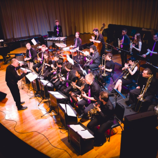The Amherst College Jazz Ensemble on the Buckley Recital Hall stage