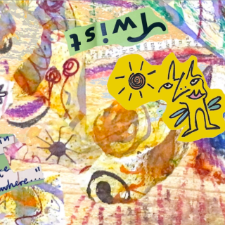 Colorful handwritten jumble with the text  "Lost in a website somewhere" and "twist"
