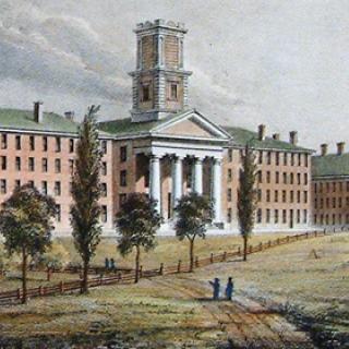 Etching of early Amherst College buildings