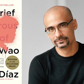 Portrait of Junot Díaz next to the cover of his book "The Brief Wondrous Life of Oscar Wao"