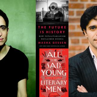 Portraits of authors and their book covers: Masha Gessen (The Future is History) and Keith Gessen (All the Sad Young Literary Men)