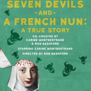 Event poster featuring an image of a nun's head opened up to reveal her brain, with seven demonic faces floating around it