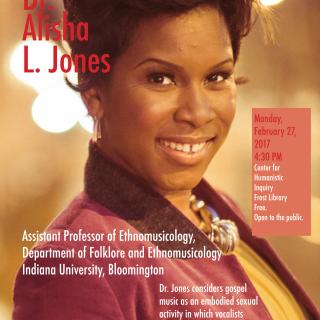 Event poster featuring a closeup of Dr. Alisha Jones smiling and wearing a purple jacket, a yellow shirt, a necklace and earrings