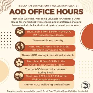 A graphic for AOD Office Hours, with details about the events and locations