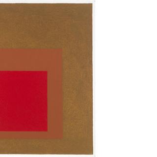 Albers image of a red square, inside an orangish square, inside a brownish square