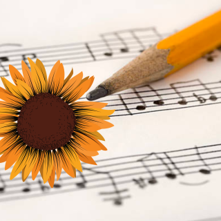 The tip of a yellow pencil resting on a musical score, next to a suffrage sunflower