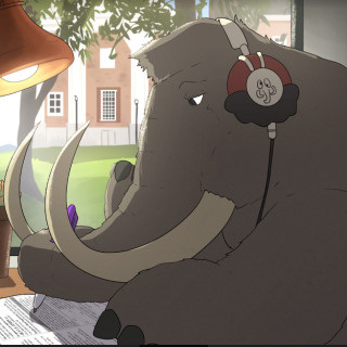 Image shows a mammoth inside a dorm room. The mammoth, wearing a pair of headphones, is working on voter registration paperwork and is in the middle of a video call with other mammoths. The dorm room is furnished with a shelf with books and binders, a succulent, a lamp and scissors. Johnson Chapel is outside the window in the background.