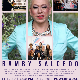 Event poster featuring several photos of Bamby Salcedo