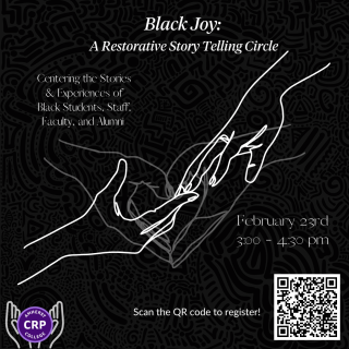 Black Joy poster, black image with outline of hands reaching towards each other. Lists date for circle (Feb 23 2023).