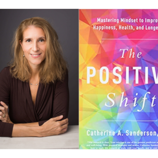 Photo of Sanderson next to image of the cover of her book "The Positive Shift"