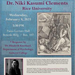 Event poster featuring an illustration of "Melancholy" and a black-and-white photograph of Dr. Niki Kasumi Clements