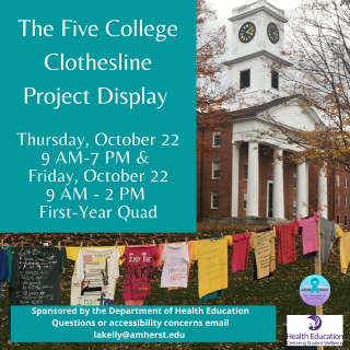 Photo of Johnson Chapel with T-shirt clothesline display in front of it. Teal boxes with white text of event details.
