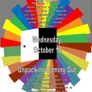 Coming Out Day Poster, image description: rainbow wheel in background surrounding closet door opening. 