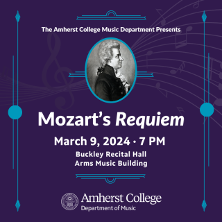 Amherst College Choral Orchestra Collaboration purple box with BW profile of Mozart