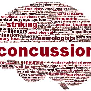 Word cloud showing words most often associated with concussions, including striking, examination, neurologists, and personality
