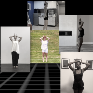 "Continuous Replay" screenshot: five images of five dancers, each holding their hands to the sides of their head and their elbows out to the sides
