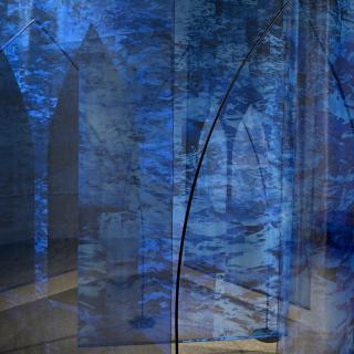 Sheer blue drapery with images on the drapes