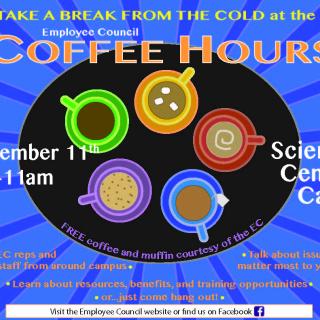 Brightly colored Employee Council Coffee Hour poster, with an illustration of five mugs in a circle