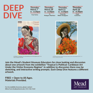 Poster advertising the Deep Dive series, illustrated with two artworks each depicting a woman holding tropical flowers