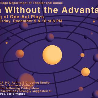 Poster for "Death without the Advantages" with an illustration evocative of numerous planets revolving around a central yellow sun