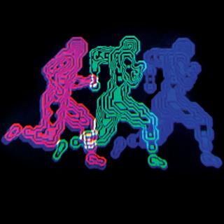 Colorful, stylized illustration of three human figures running in front of a black background