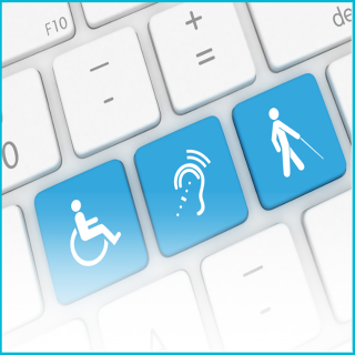 Computer keyboard with some letter keys replaced with keys with symbols denoting a person using a wheelchair, hearing assistance and a person using a cane.