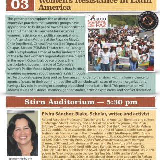 Event flyer featuring a photo of a crowd marching in protest and a headshot of Elvira Sánchez-Blake