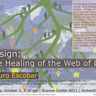 Colorful event poster with an illustration of human figures within a system of roots, overlaid on a world map