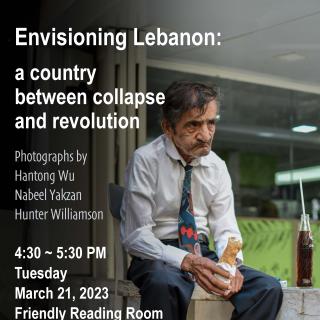 Event poster showing a Lebanese man in business clothes, eating a meal while sitting on a stool outdoors