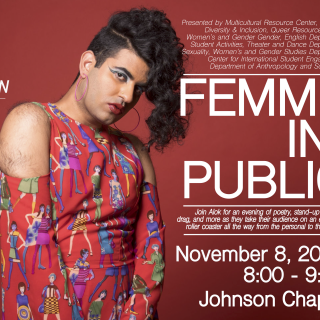 "Femme in Public" event poster featuring a photo of Alok Vaid-Menon