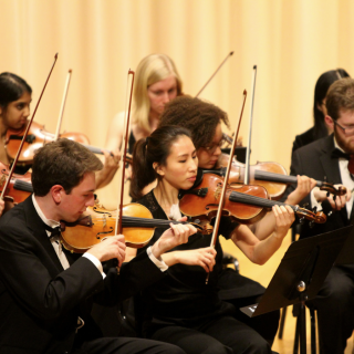 Amherst Symphony Orchestra string section, playing on stage