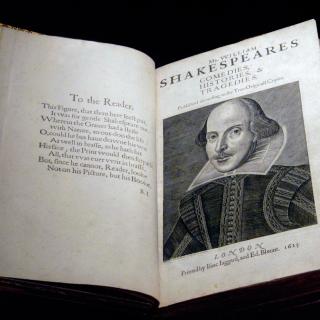 First Folio, opened to a "To the Reader" introduction and a title page with a depiction of Shakespeare