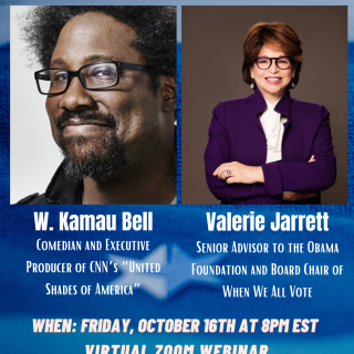 Poster advertising the event. Poster shows profile pictures of W. Kamau Bell and Valerie Jarrett.