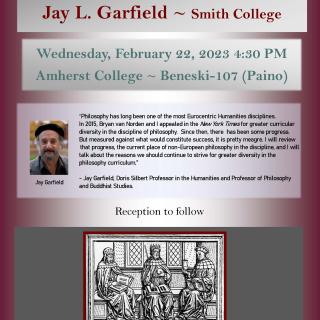 Event poster featuring a headshot and quote from Jay Garfield, as well as an illustration from a 16th-century medical book of Galenus, Avicenna and Hippocrates sitting together and holding books