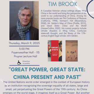 Event poster featuring a photo of Tim Brook and the cover of his book "Great State: China and the World"
