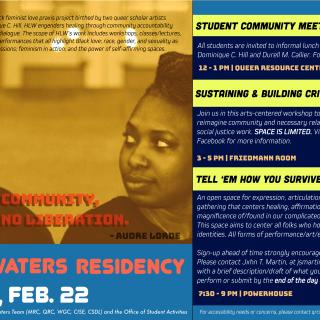 Poster for HLW Resisdency, image description: sepia photo of two people looking at each other featured in upper left. background in dark and light blue, with yellow box object around title text. Text in blues and yellow. 
