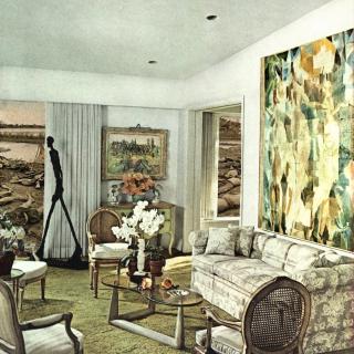Artwork depicting an ornately furnished and decorated living room