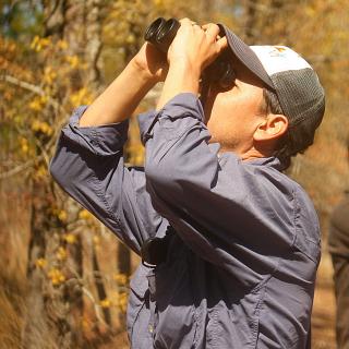 Photo of Hurlbert outdoors, looking up through a pair of binoculars