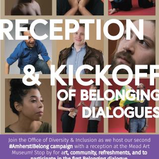 Event poster featuring nine student photos from the #AmherstIBelong campaign