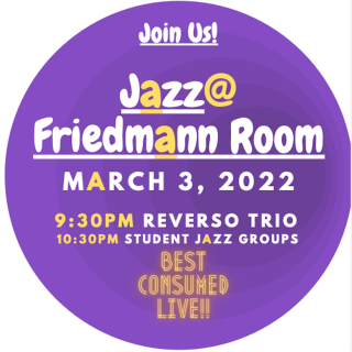 Jazz in the Friedmann room text on a putple circle