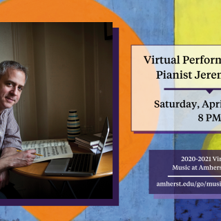 Event poster featuring a photo of Jeremy Denk sitting at a small table with a laptop computer and a book of sheet music, holding a pencil