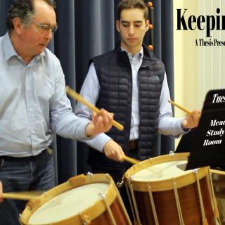 Event poster with a photo of two men playing snare drums in front of a music stand