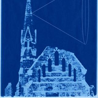 Image on blue suggesting a chapel with a cone shape projecting from the steeple