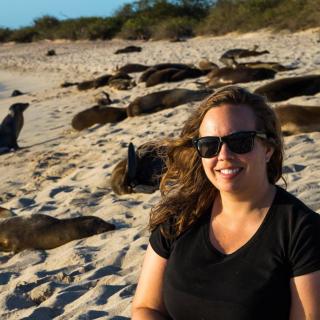 Sarah Knutie on a beach, with seals basking in the sand behind her