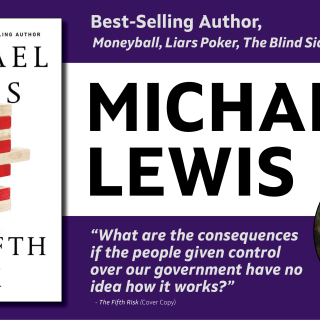 Event banner showing "The Fifth Risk" book cover and a photo of Michael Lewis 