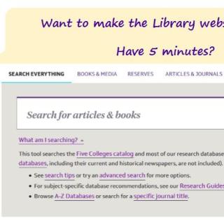 screenshot of library website with text asking if you want to make the library website better