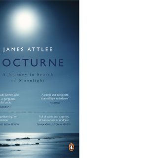 "Nocturne" book cover, showing author's name, title, review blurbs and glowing white circle against blue-black background above shiny landscape