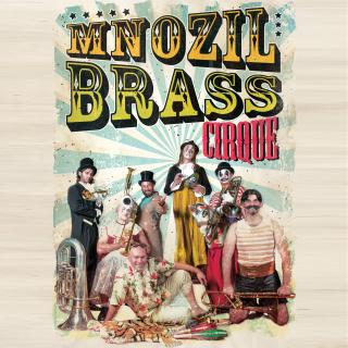 Event poster showing members of Mnozil Brass dressed as old-fashioned circus performers