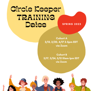 White poster listing Circle Keeper Training Dates for spring 2023.